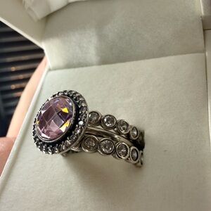 🎉Price drop 3-Piece Pandora Vintage Ring Set–Elegant Pink Stone & Pandora Bands
